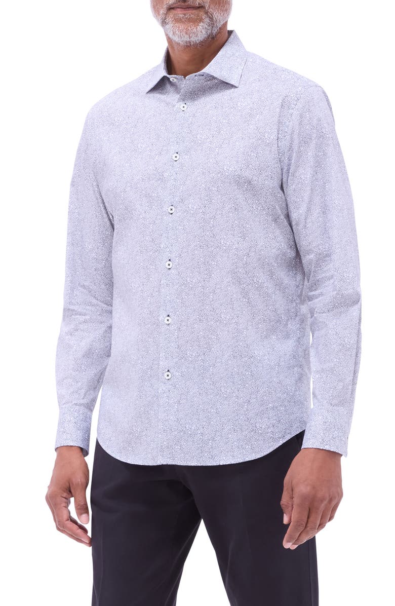 Bugatchi Axel Floral Shaped Fit Stretch Cotton Button-Up Shirt, Main, color, Black