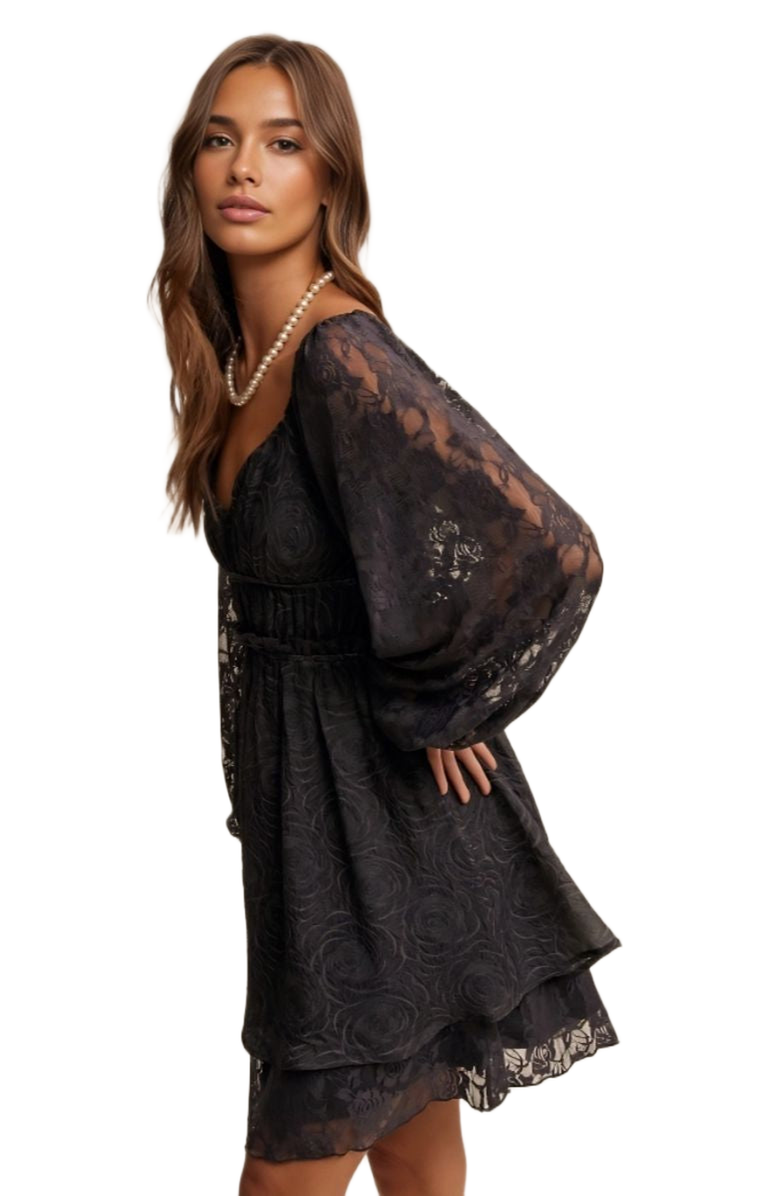 Knit and Lounge Lace Long Sleeve Ruffle Layer Mini Dress, Alternate, color, Black