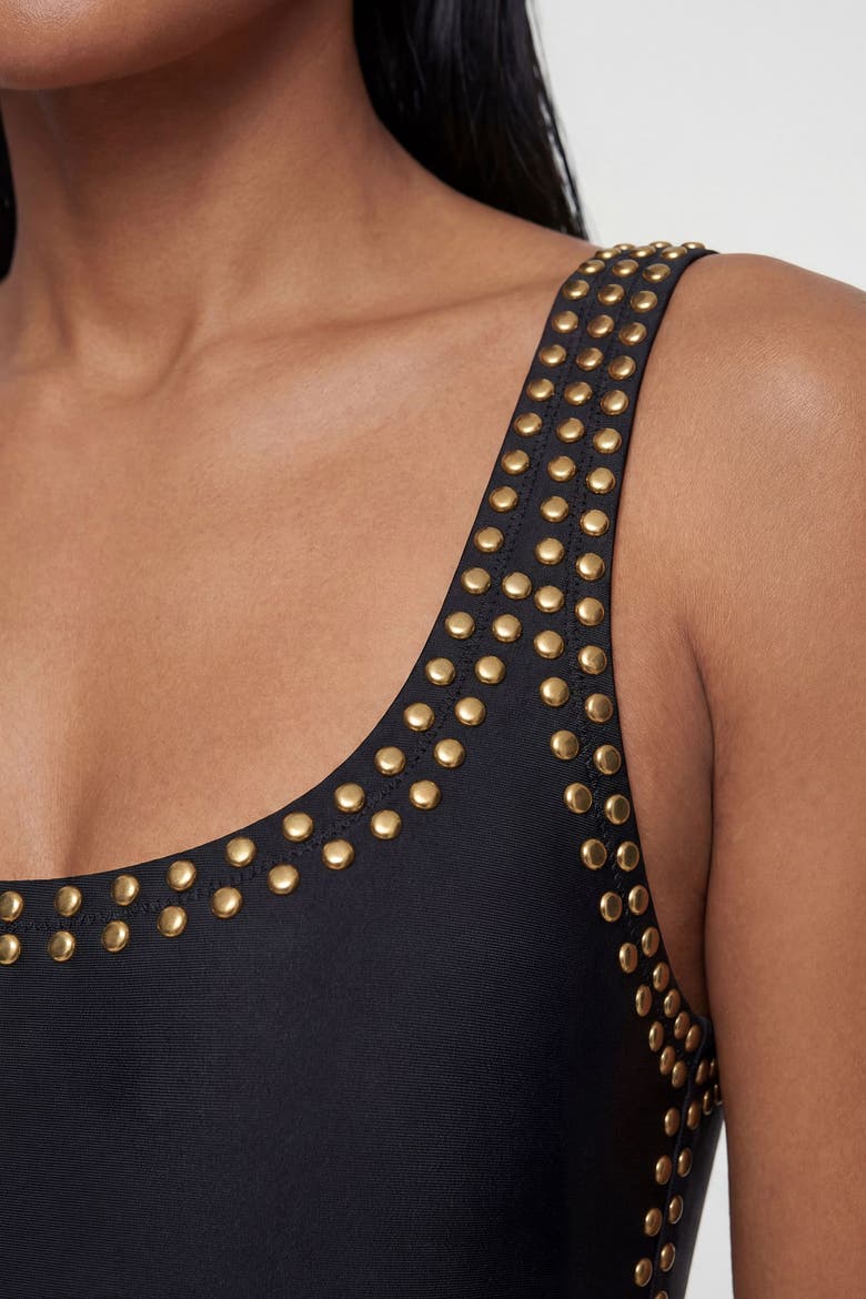 Studded Trim One Piece Swimsuit, Alternate, color, Black