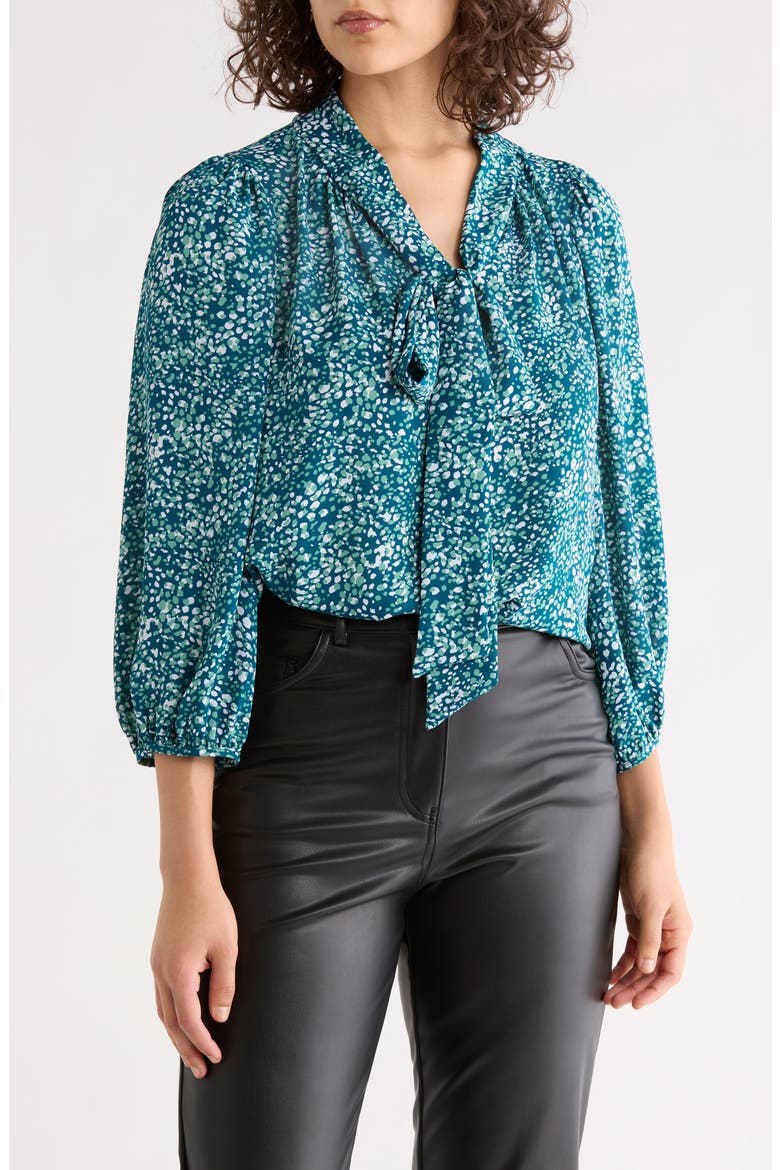 Print Tie Neck Top, Main, color, BLUE