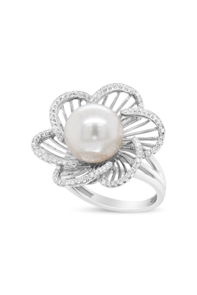 14K White Gold 11mm Pearl and 1/3 Cttw Diamond Openwork Flower Blossom Ring, Alternate, color, White