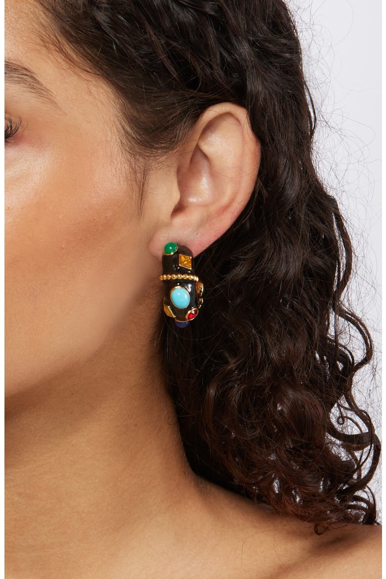 Studded Enamel Hoop Earrings, Alternate, color, BLACK