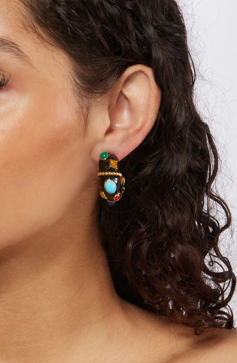 Kenneth Jay Lane Studded Enamel Hoop Earrings, Alternate, color, Black