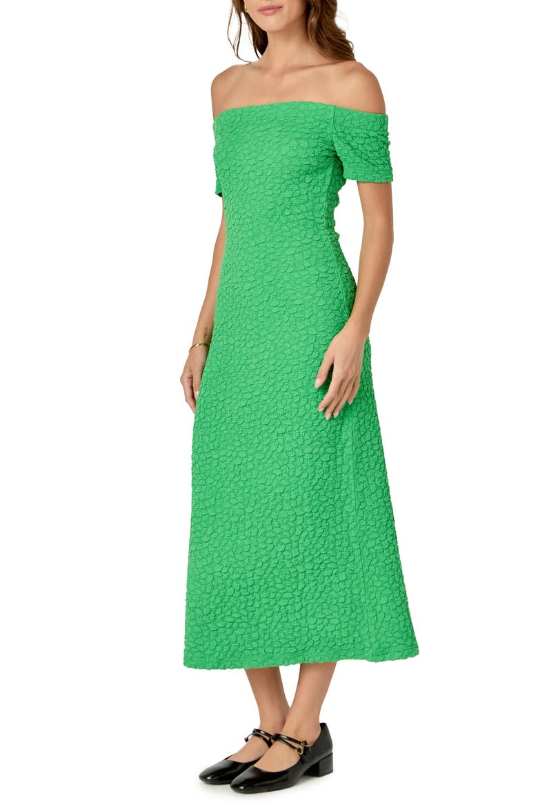 Textured Off the Shoulder Midi Dress, Alternate, color, GREEN