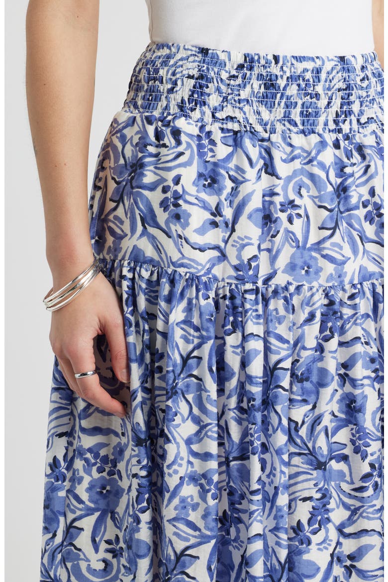Tiered Print Midi Skirt, Alternate, color, IVORY- NAVY DAISY GARDEN