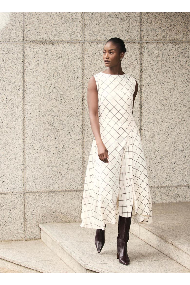 Satin Checked Midi Dress, Alternate, color, Cream