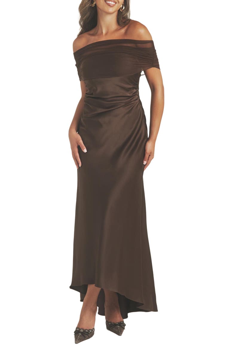 Six Stories Bardot Detail Satin Midaxi Dress, Alternate, color, Mocha