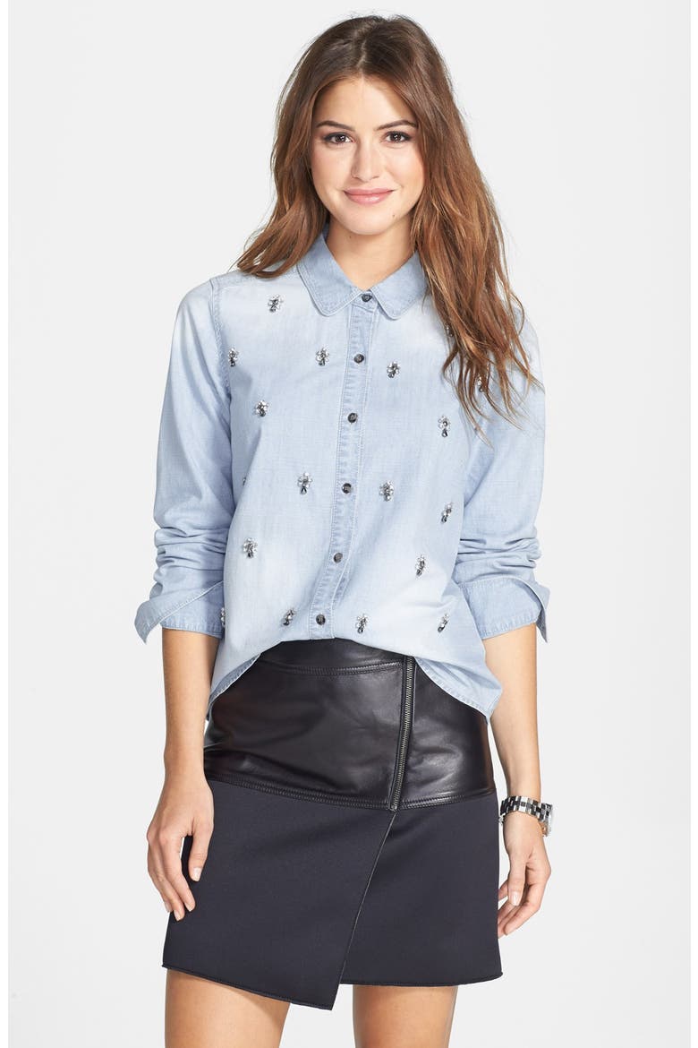 Embellished Denim Shirt, Alternate, color, BLEACH WASH