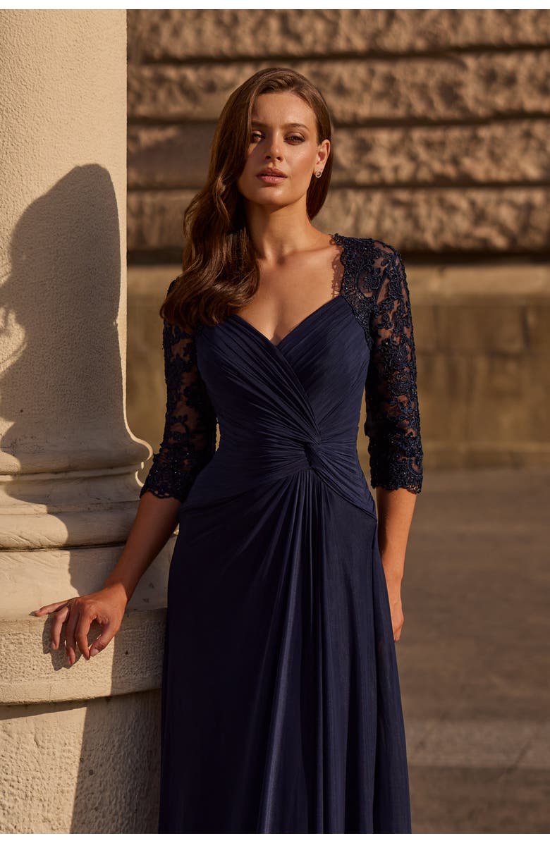 La Femme Jersey Gown with Knot Detail and Lace Sleeves, Alternate, color, Navy