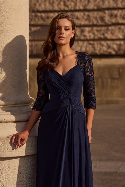 La Femme Jersey Gown With Knot Detail And Lace Sleeves In Navy