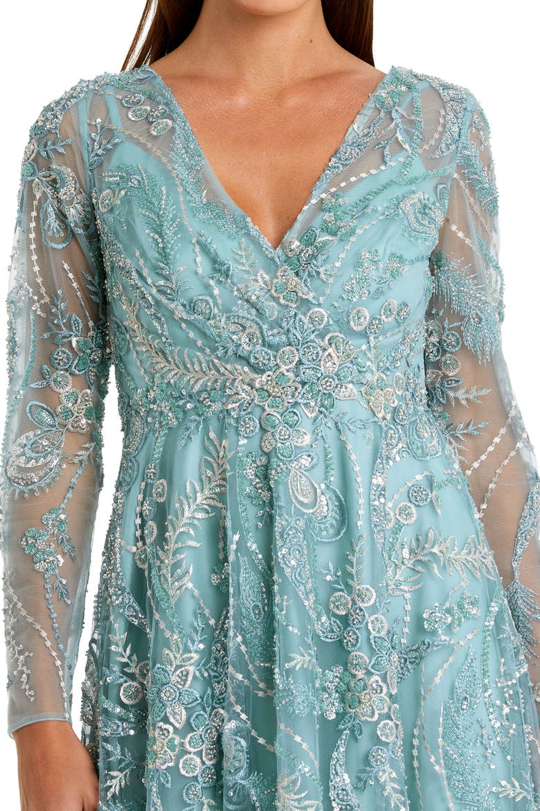 Women's Floral Embroidered V Neck Long Sleeve Midi Dress, Alternate, color, Seafoam