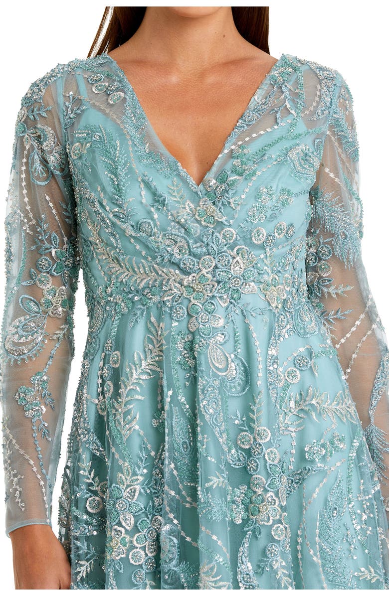 Mac Duggal Women's Floral Embroidered V Neck Long Sleeve Midi Dress, Alternate, color, Seafoam