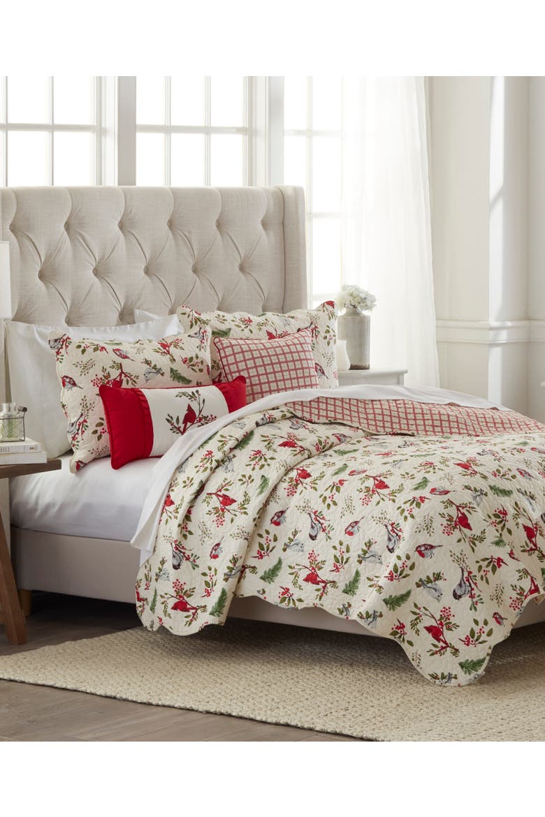 Sprig Birds Cardinal Christmas Cotton Quilt Set  - Reversible and Machine Washable, Main, color, Red