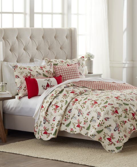 Sprig Birds Cardinal Christmas Cotton Quilt Set  - Reversible and Machine Washable