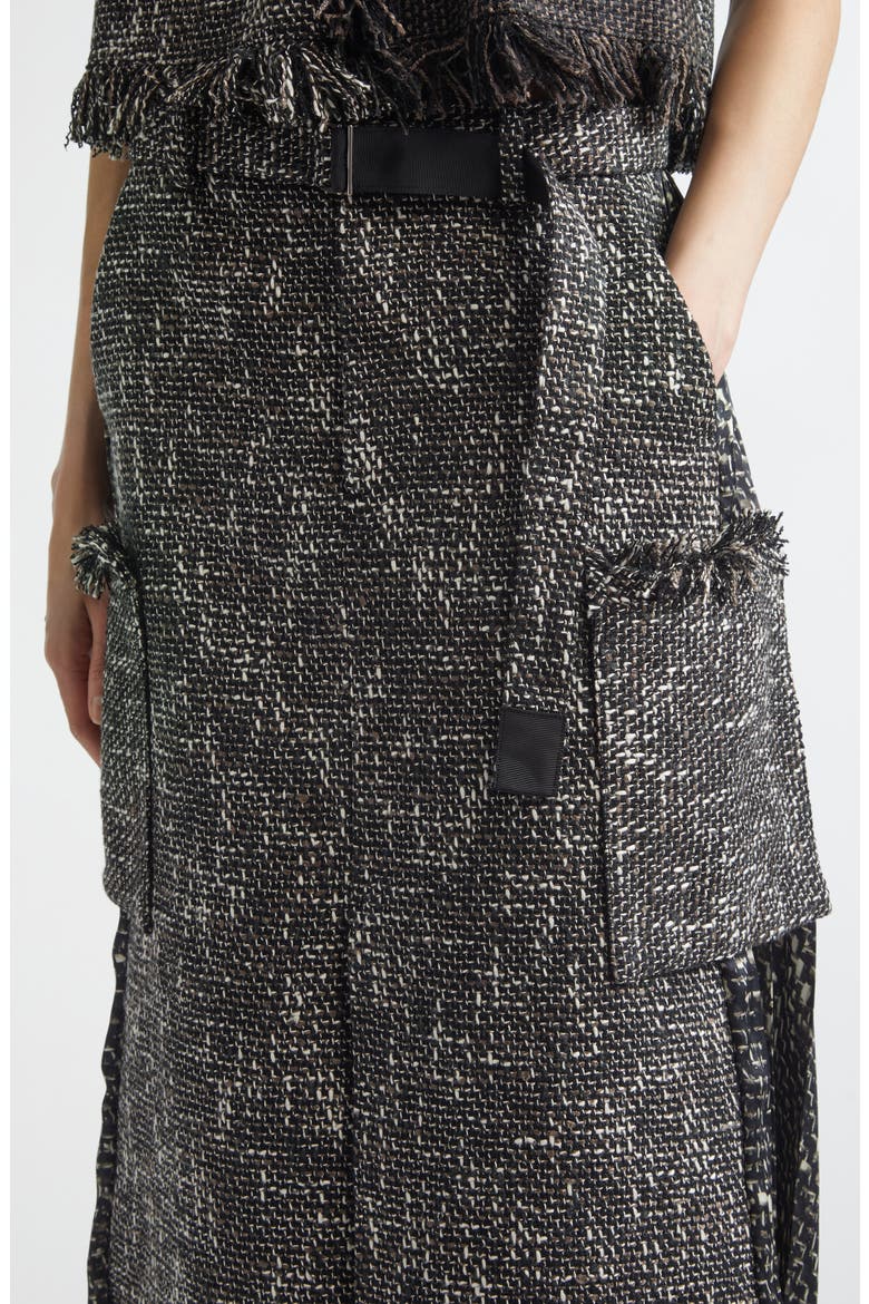 Mixed Media Fringe Tweed & Chiffon Skirt, Alternate, color, BLACK