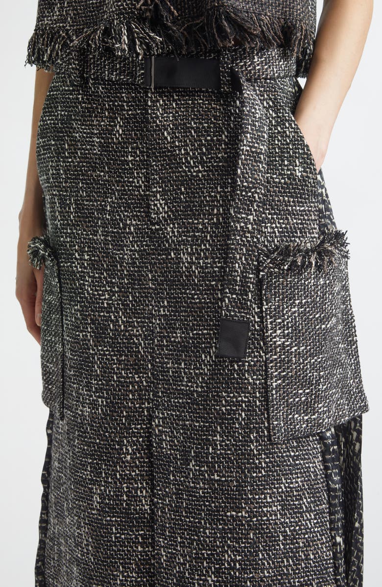 Sacai Mixed Media Fringe Tweed & Chiffon Skirt, Alternate, color, Black