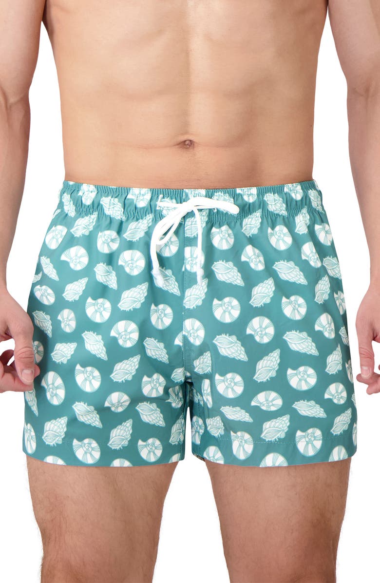 Sunset x Vine Seashell Print Swim Trunks, Main, color, Aqua