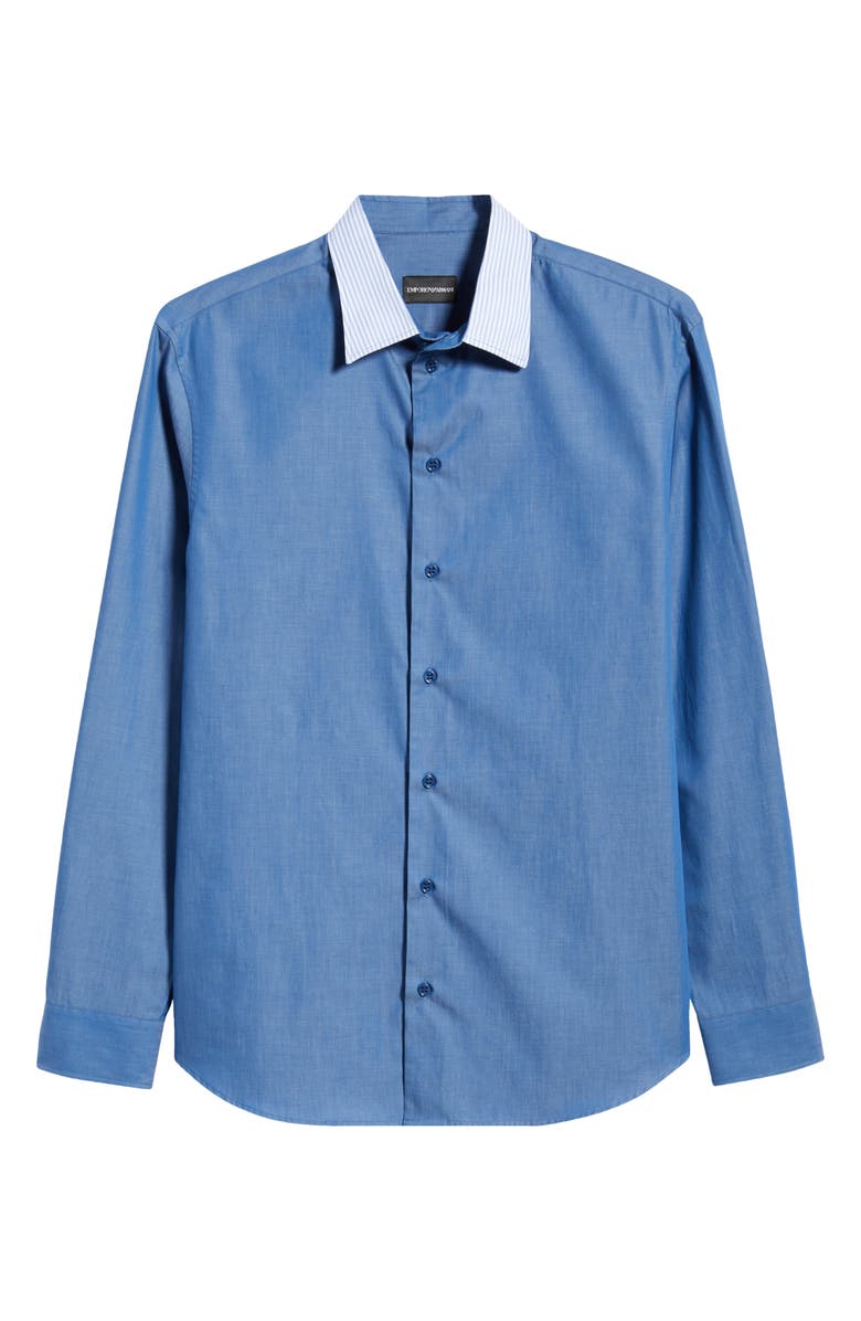 Emporio Armani Blue Cotton Button-Up Shirt with Pinstripe Collar, Alternate, color, Solid Bright Blue