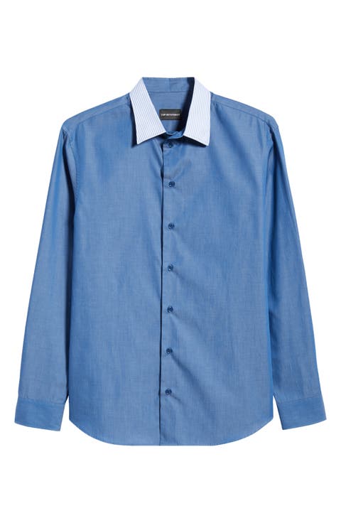 Blue Cotton Button-Up Shirt with Pinstripe Collar