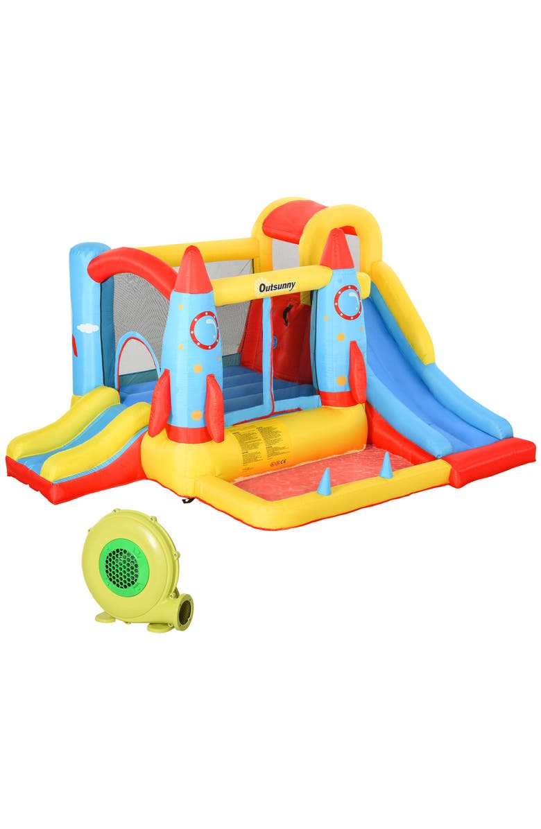 Outsunny 4-in-1 2 Slides Kids Inflatable Bounce House Jumping Castle, Main, color, Multi Color