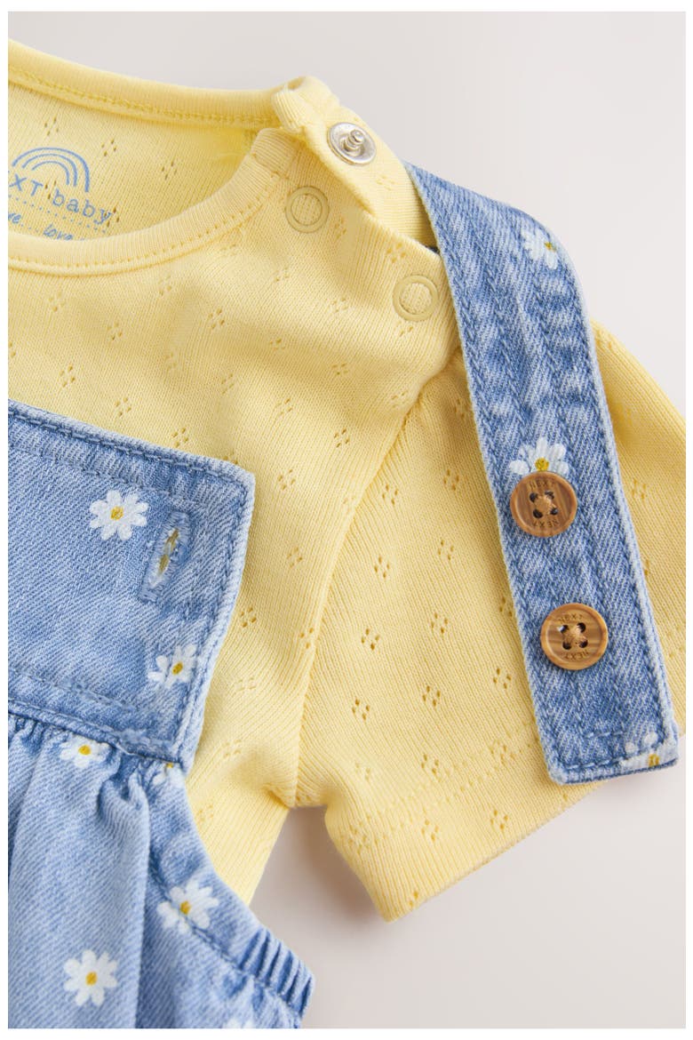 Daisy Print Denim Overalls & Cotton Pointelle Bodysuit Set, Alternate, color, YELLOW/BLUE