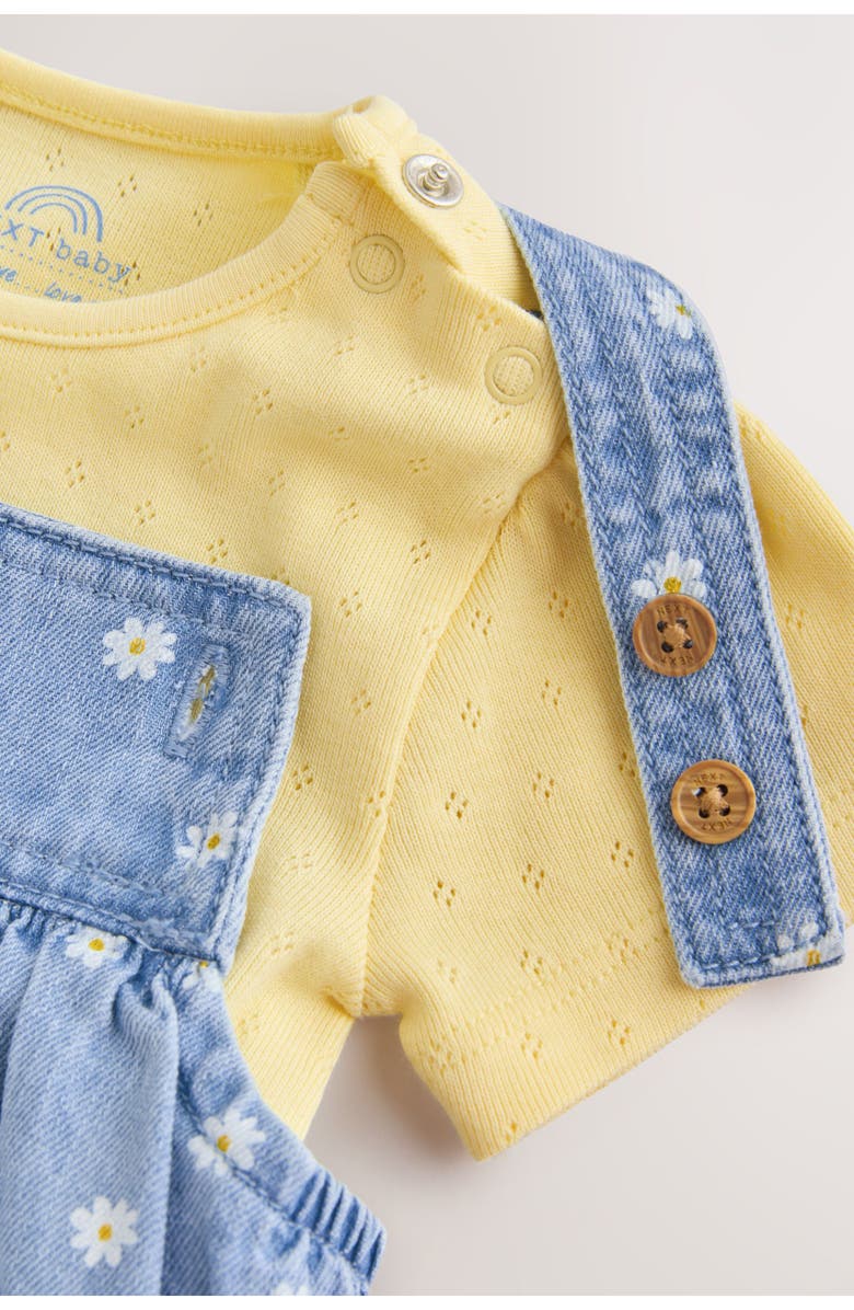 NEXT Daisy Print Denim Overalls & Cotton Pointelle Bodysuit Set, Alternate, color, Yellow/Blue