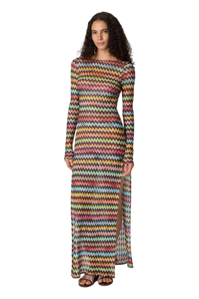 Long Cover-up Dress In Lamé Viscose With Micro Zigzag Pattern, Main, color, Black & Multicoloured