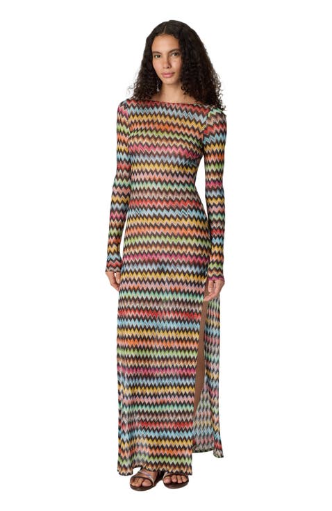 Long Cover-up Dress In Lamé Viscose With Micro Zigzag Pattern