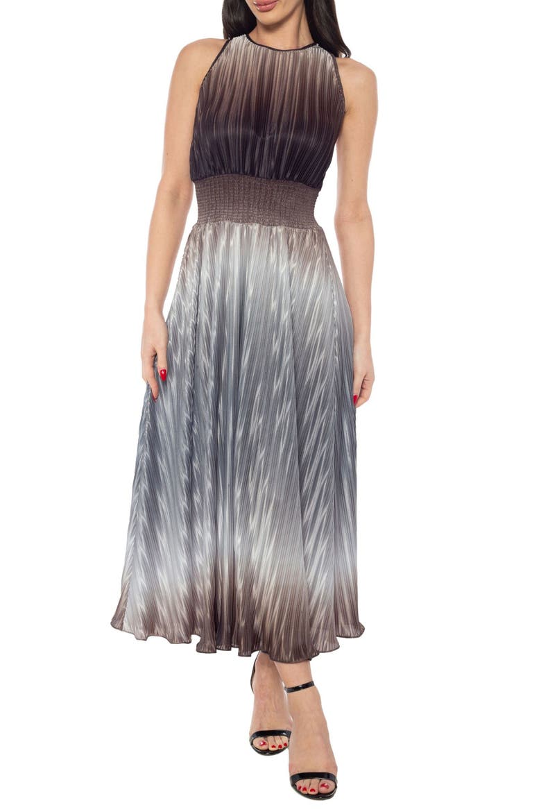 Ombré Smocked Waist Pleated Midi Dress, Main, color, BLACK/ SILVER
