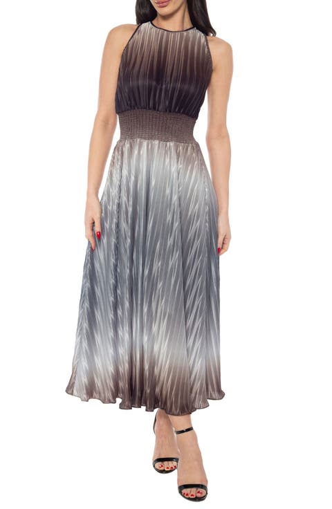 Ombré Smocked Waist Pleated Midi Dress