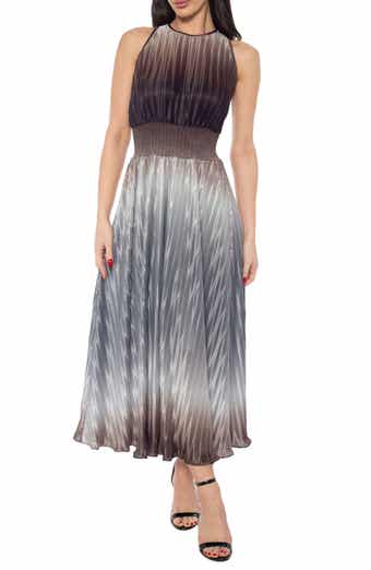 Oleg Cassini Ombré Smocked Waist Pleated Midi Dress
