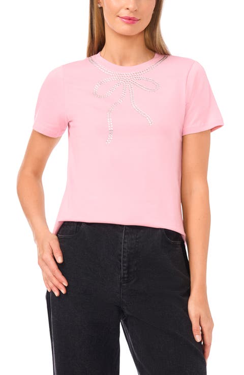 Rhinestone Bow Embellished Cotton T-Shirt