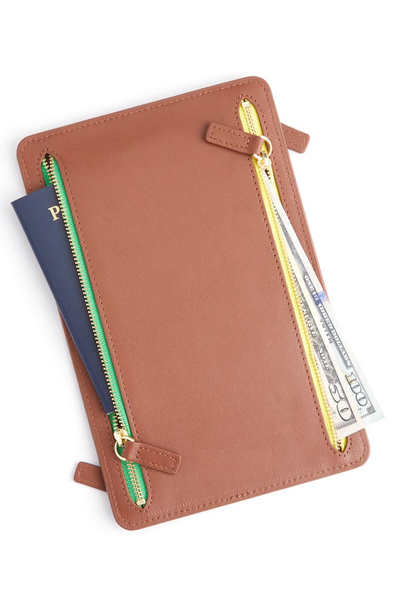 ROYCE New York RFID Four Zip Leather Travel Organizer, Alternate, color, Tan