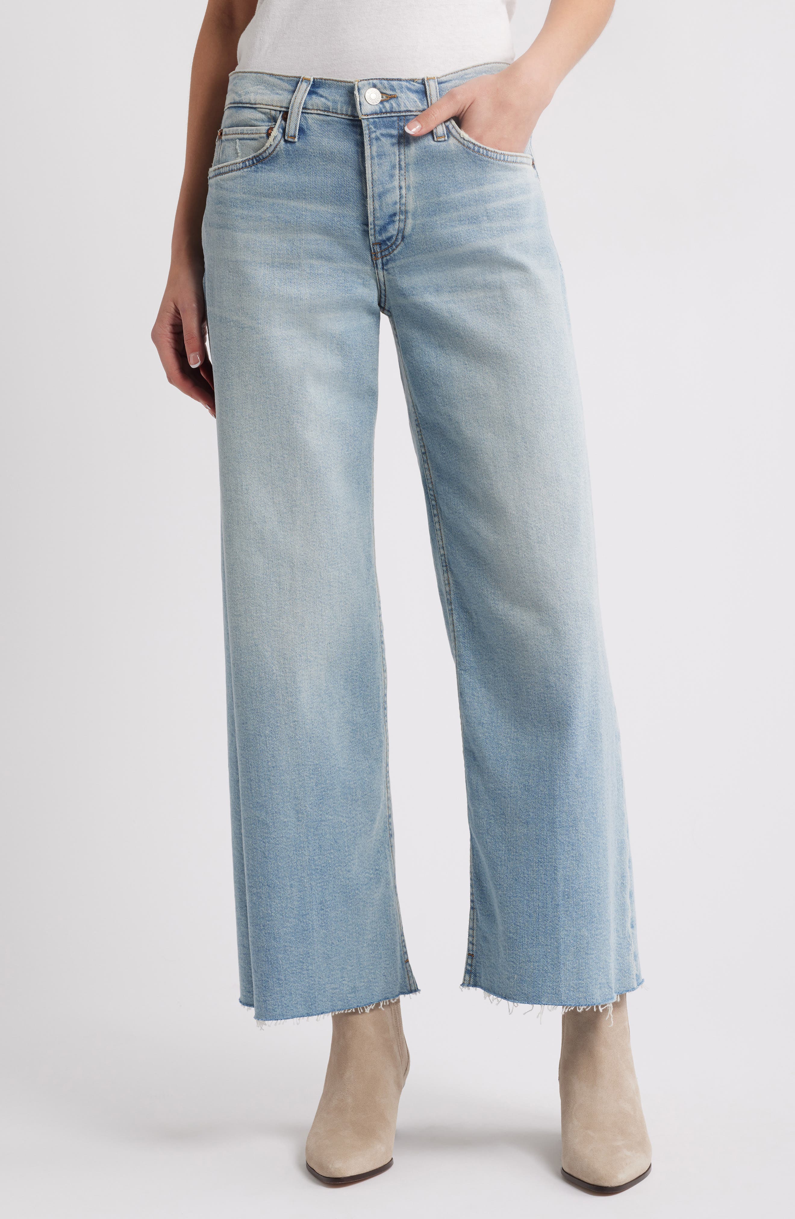 Re/Done High Waist Raw Hem Wide Leg Crop Jeans
