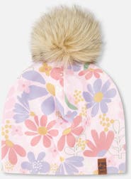 Deux par Deux Stretch Jersey Hat Flower with Pompom