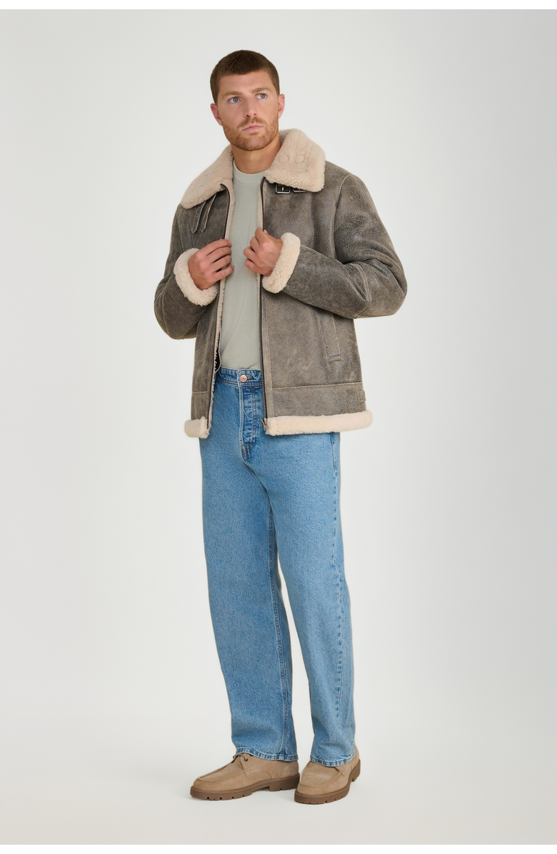 Furniq UK Rupert Shearling Aviator Jacket, Alternate, color, Grey