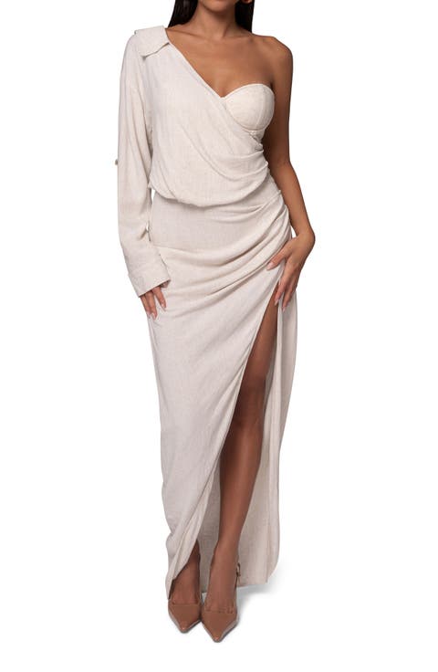 Evita Single Long Sleeve Cotton & Linen Maxi Dress