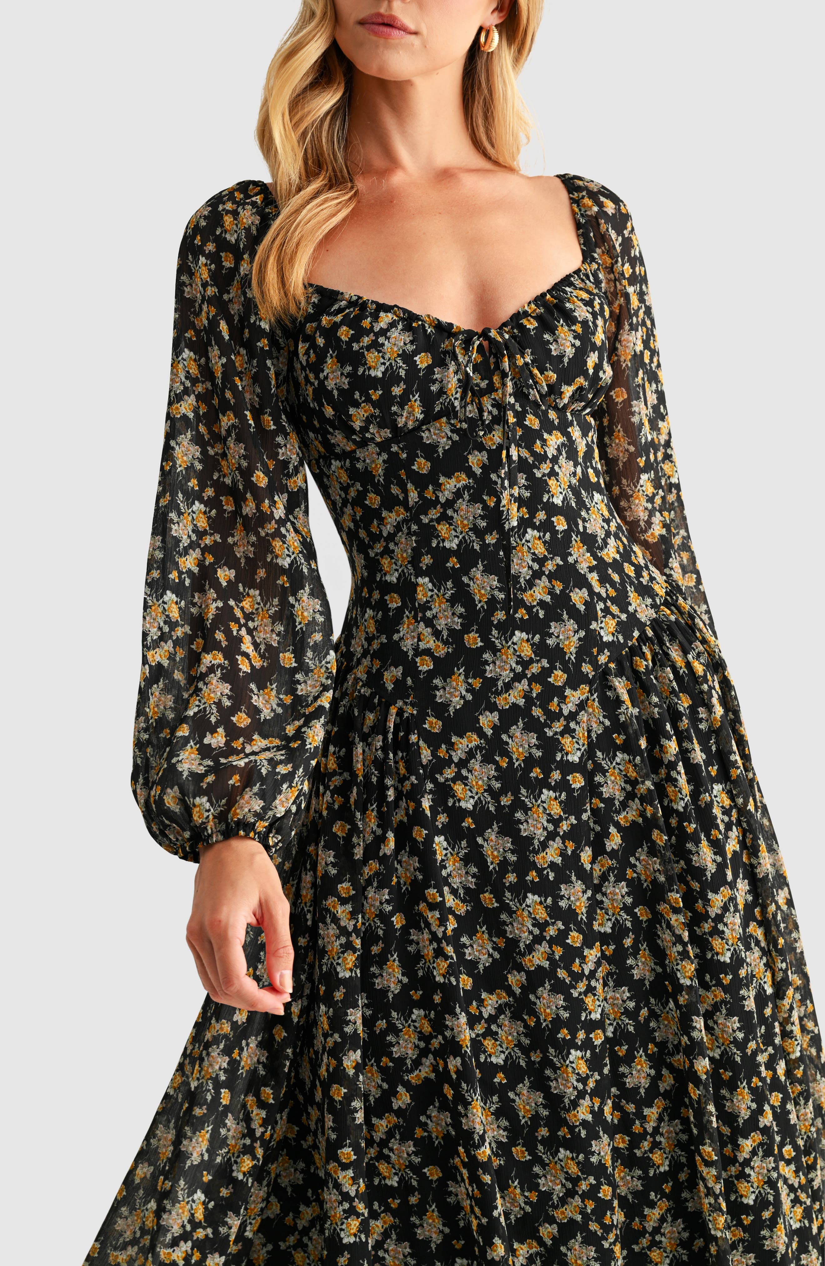 long sleeve floral cocktail dress Black Long Sleeve Floral Print Mini Dress
