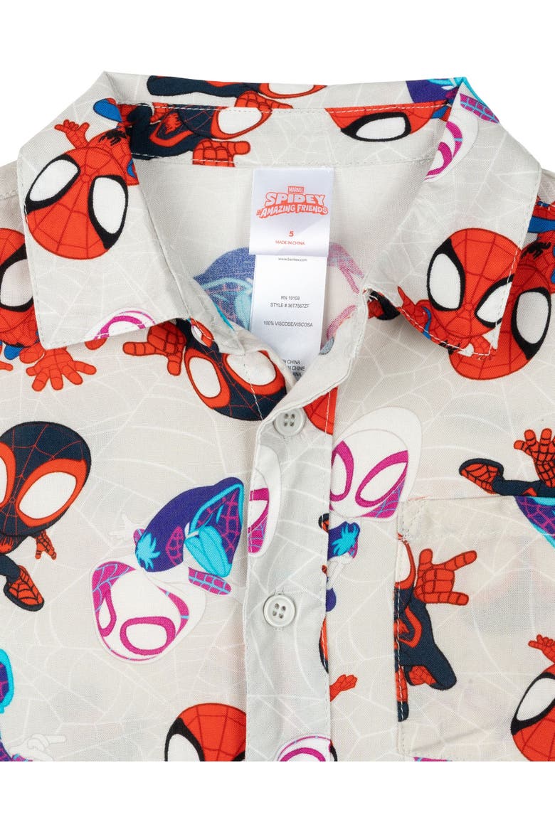 Spidey and His Amazing Friends Short Sleeve Button Down Shirt, Alternate, color, Spidey Friends Grey