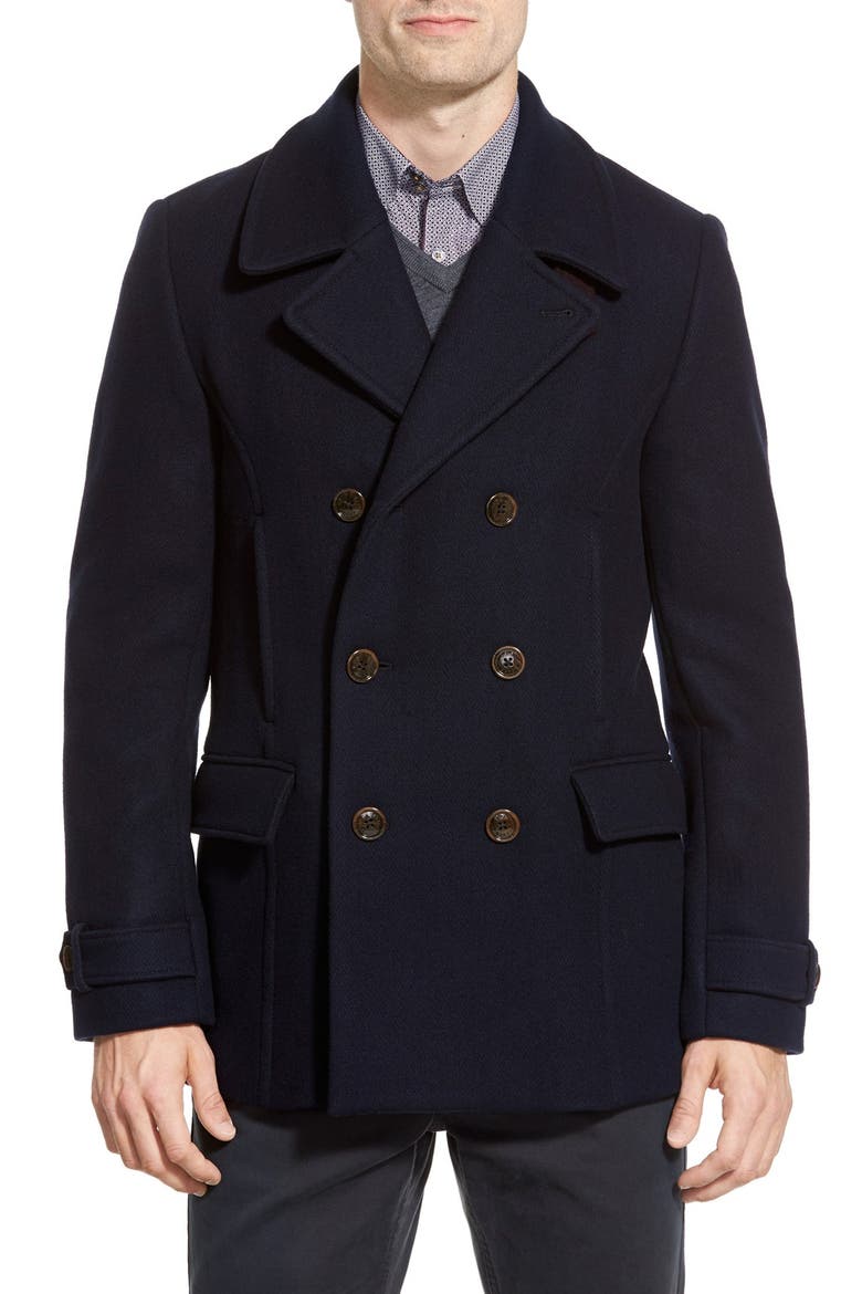 'Ossain' Herringbone Double Breasted Peacoat, Main, color, NAVY