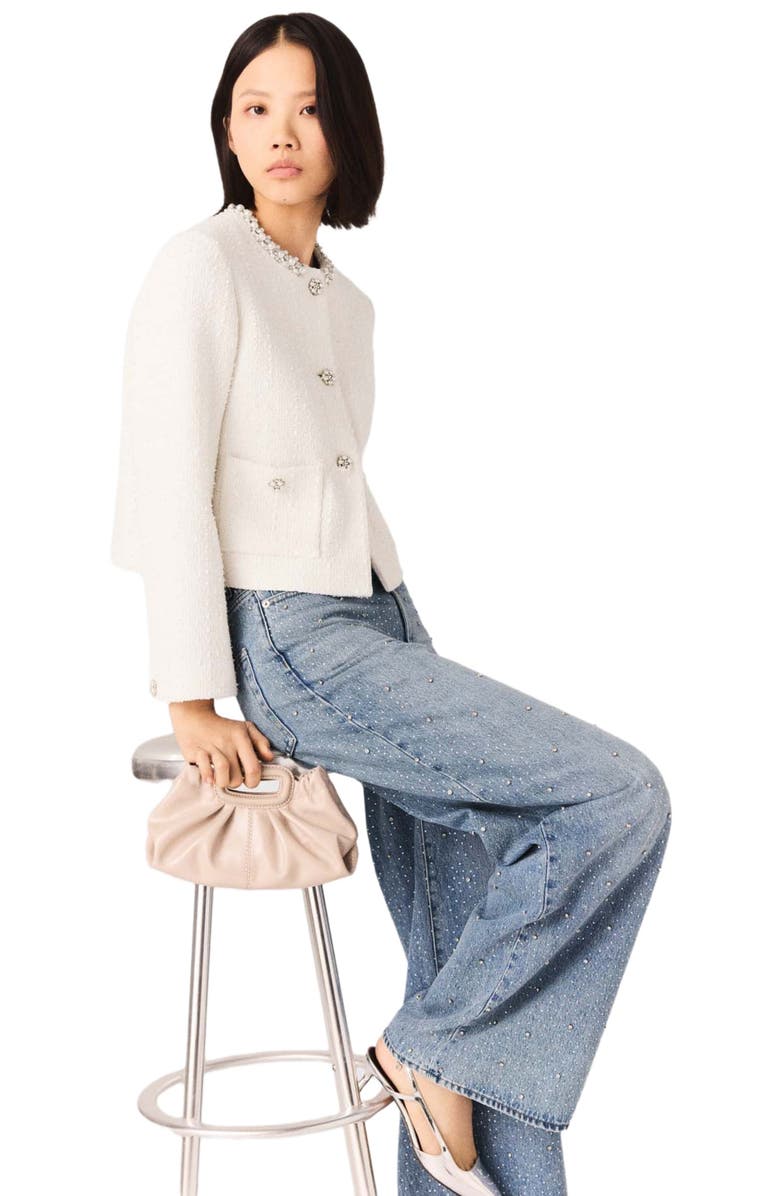 maje Pearl-trimmed tweed jacket, Alternate, color, Ecru