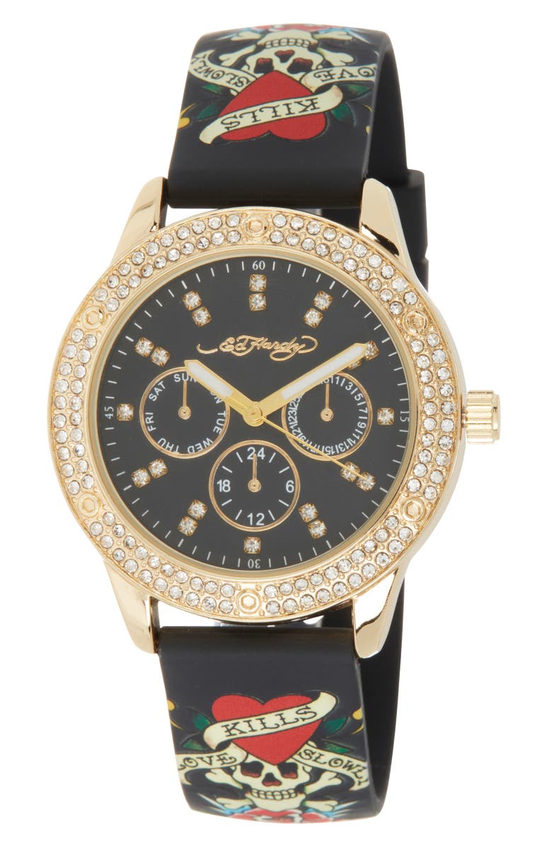 Ed Hardy Crystal Silicone Strap Watch, 38mm x 44mm, Main, color, 