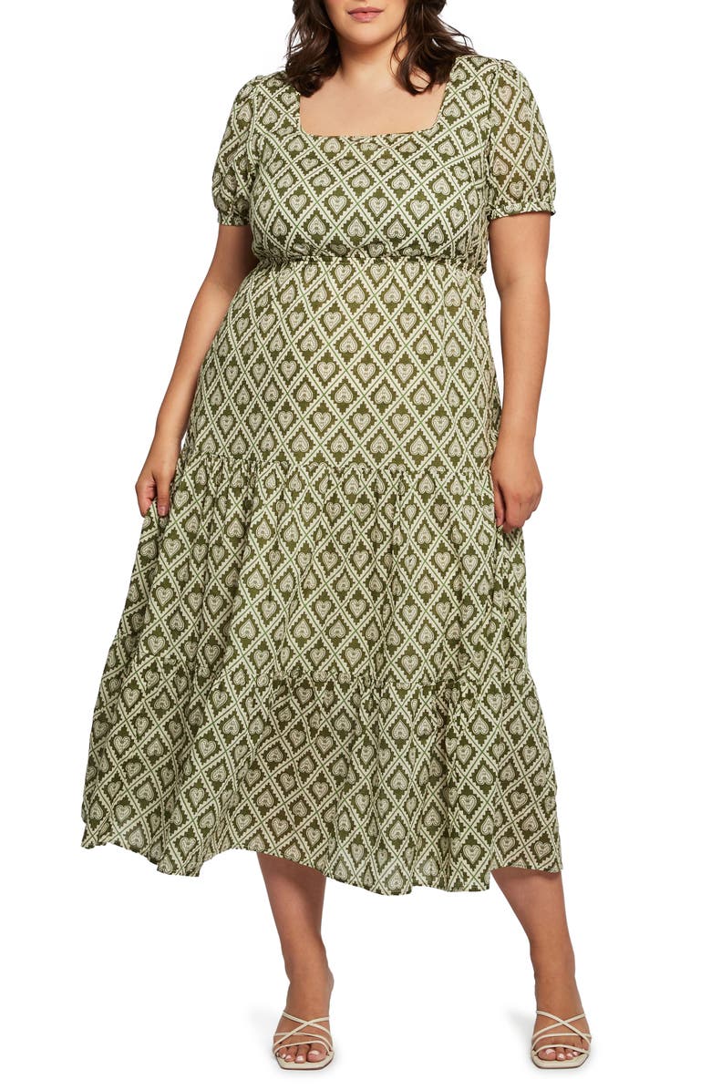Estelle Heart Print Square Neck Cotton Dress, Main, color, Green Print