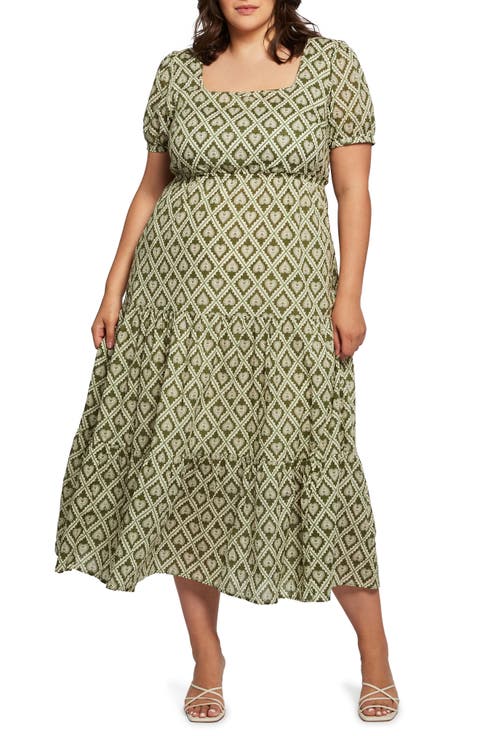 Heart Print Square Neck Cotton Dress (Plus Size)