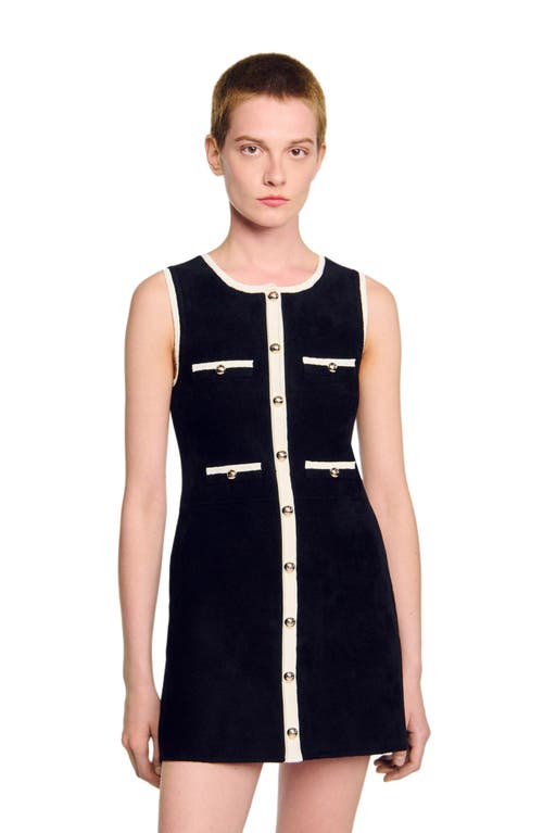 Sandro Womens Black Round-neck Button-down Stretch-velvet Mini Dress In Black