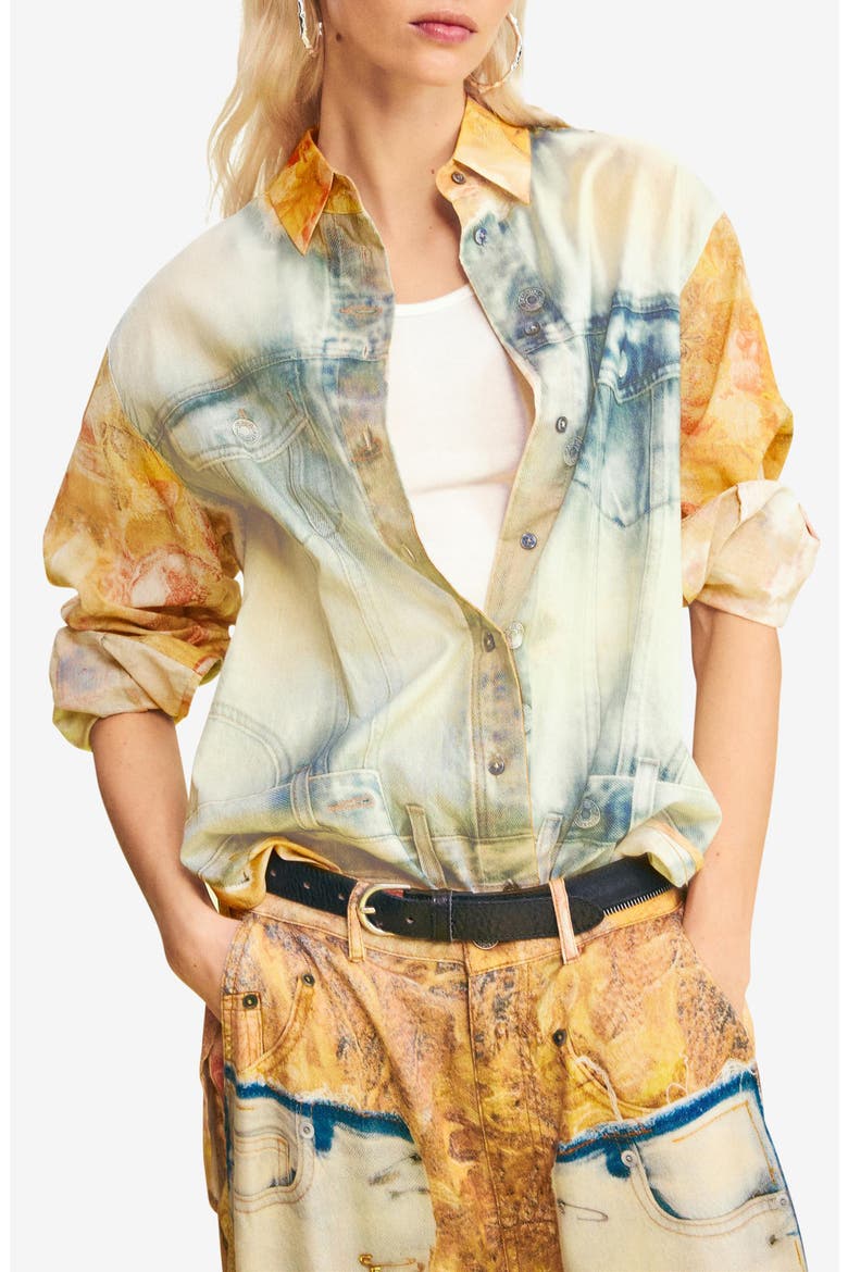 Mixed Media Button-Up Shirt, Main, color, MEDIUM BEIGE