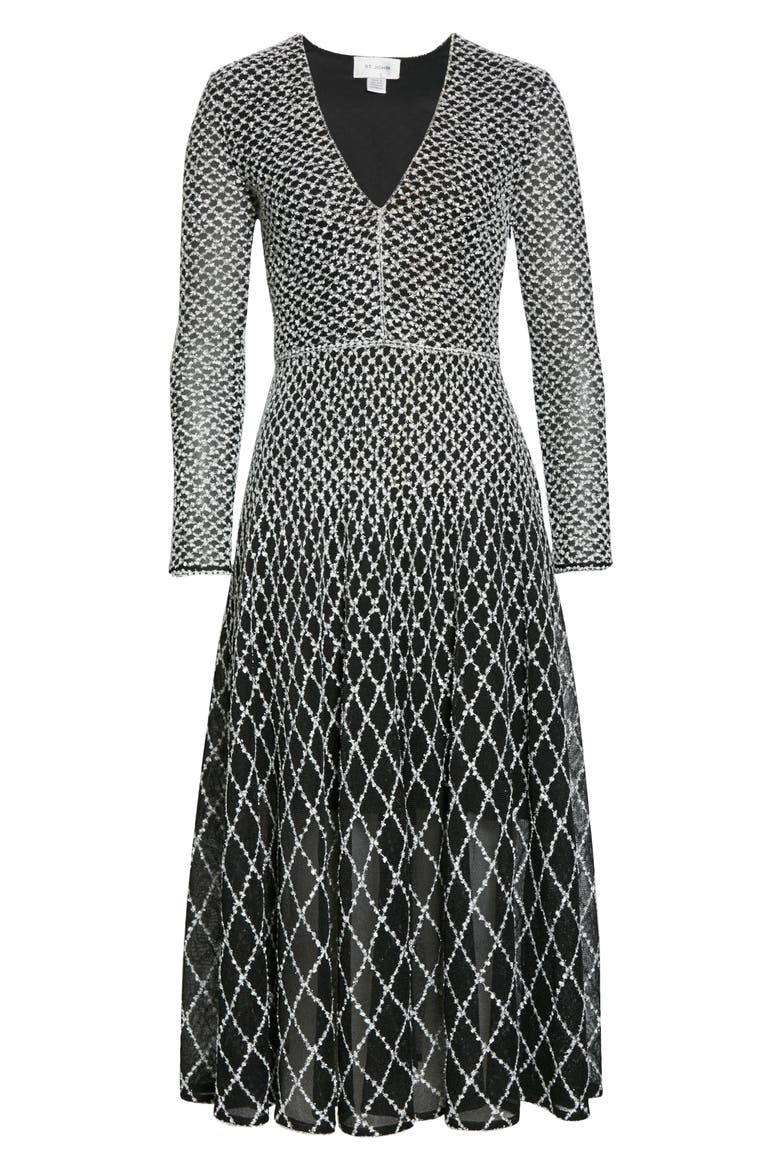 ST. JOHN Long Sleeve Diamond Knit Fit & Flare Midi Dress, Alternate, color, CAVIAR/ WHITE/ SILVER METALLIC