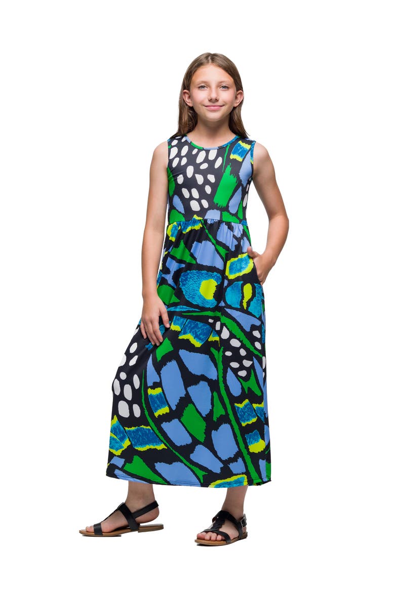 Blue Butterfly Print Sleeveless Maxi Dress with Pockets, Alternate, color, Green Multi