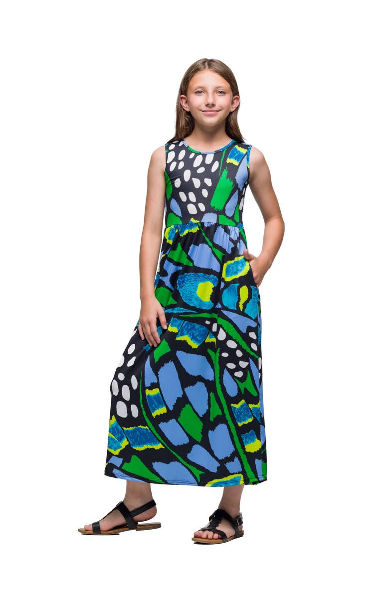 24sevenKid Blue Butterfly Print Sleeveless Maxi Dress with Pockets, Alternate, color, Green Multi