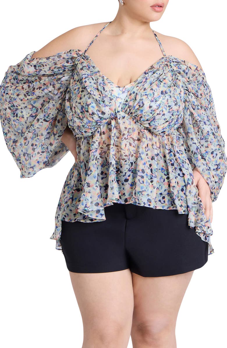 ELOQUII Dramatic Print Off the Shoulder Chiffon Halter Top, Main, color, 